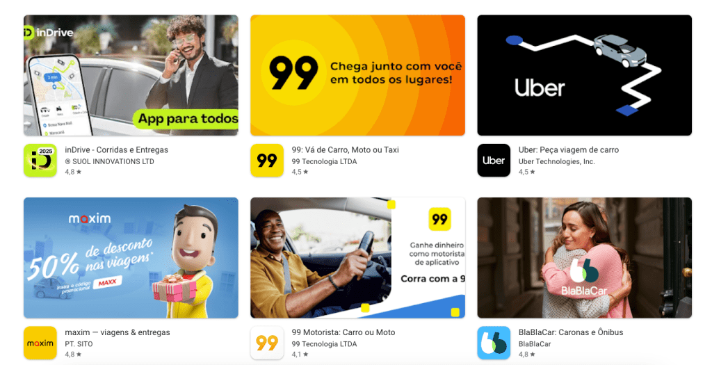 Lojas de aplicativos com diversos apps de transporte